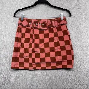 Checkered Pink and Brown Belted Skirt